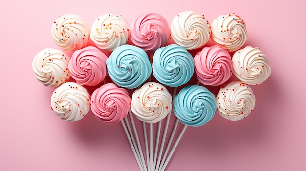 Photo set of colorful lollipops on a wooden stick on a pink background ai generative