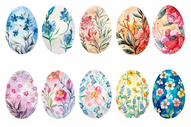 Набор красочных пасхальных яиц, вдохновленных природой, с цветочными узорами, выделенными на белом