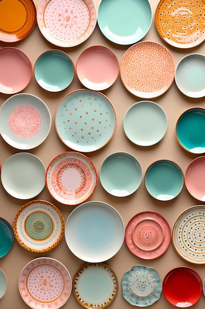 Photo set of colorful plates with different designs