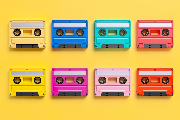 Photo set colorful retro audio cassette tapes on yellow