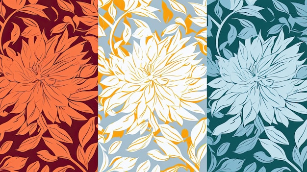 Set of colorful seamless patterns with leaves and flowers in orange, blue, orange, and yellow.