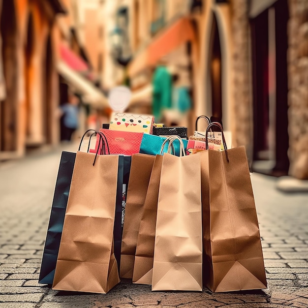 A set of colorful shopping bags with handles Paper shopping bags close up Shopping days