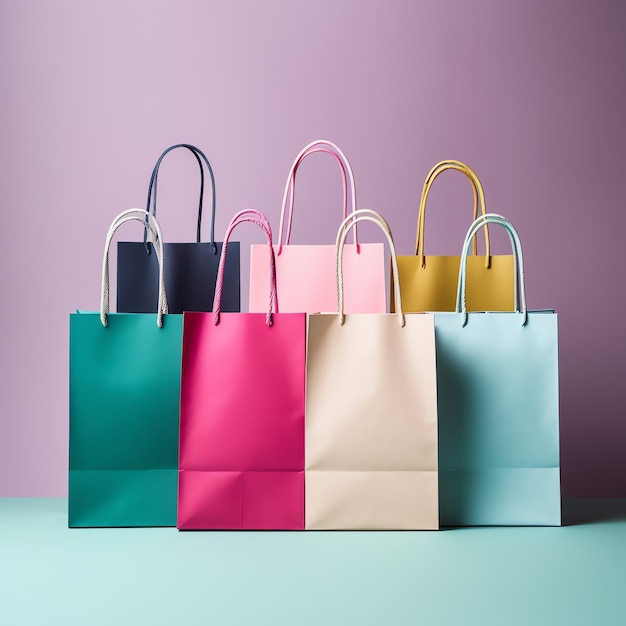 A set of colorful shopping bags with handles Paper shopping bags close up Shopping days