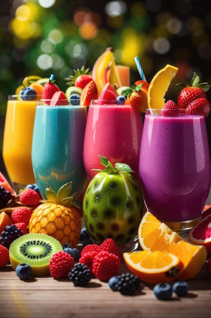 The set of colorful smoothies with exotic fruits ai generative