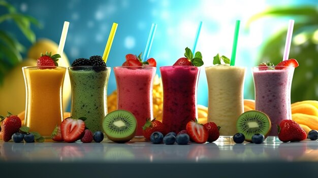 The set of colorful smoothies with exotic fruits generative ai