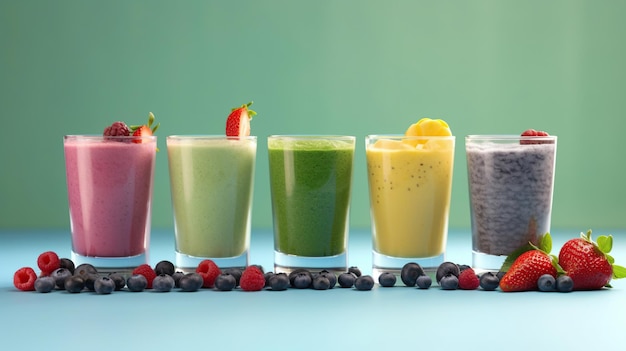 The set of colorful smoothies with exotic fruits generative ai