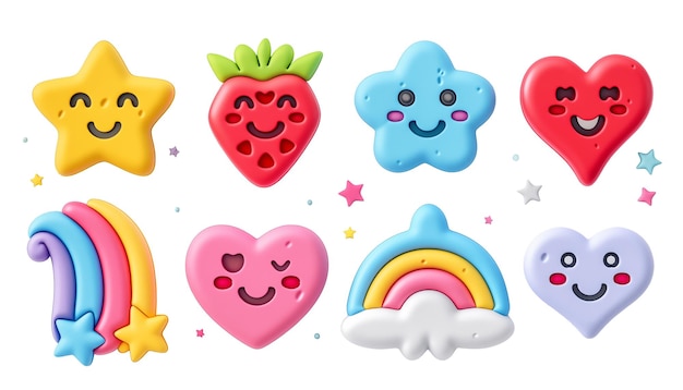 Photo set of colorful stickers stars heart smile cloud rainbow strawberry