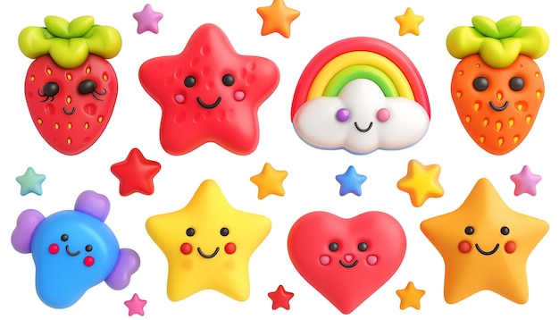 Set of colorful stickers Stars heart smile cloud rainbow strawberry