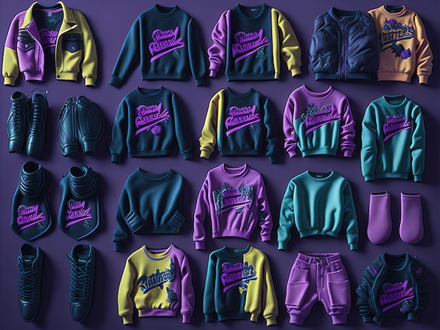 set of colorful stylish clothes on color background