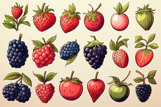 Set of colorful summer berries icons on white blackberries strawberries raspberries grape