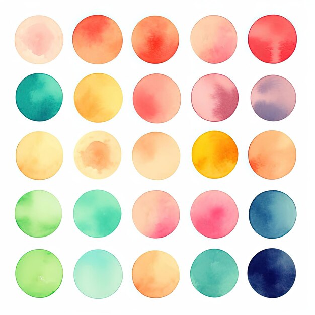 a set of colorful watercolor dots in the style of light red and emerald