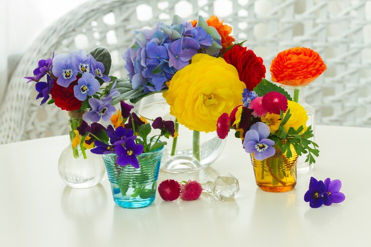 Photo set of colourful freshly cut flowers