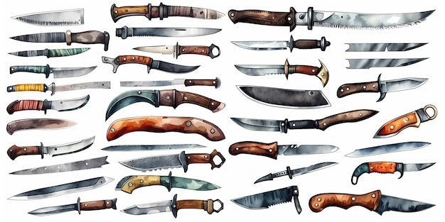 Photo set of combat knife with different design watercolor hand painted isolated illustration