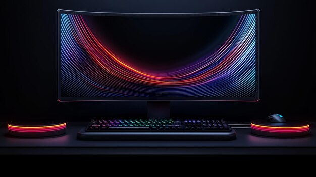 the set of computer equipment is realistic it includes an lcd screen keyboard mouse with pad and a personal computer set active color compositions make it a modern composition programmer
