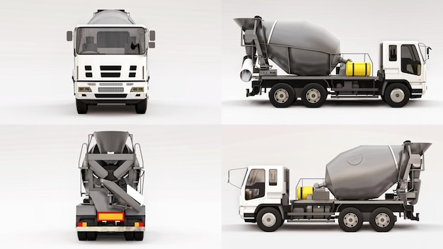 Photo set concrete mixer truck with white cab and grey mixer on white background