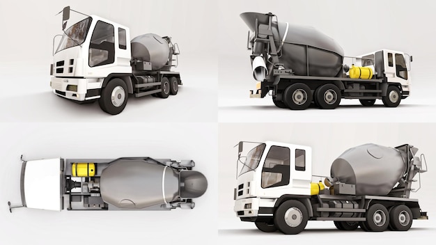 Set concrete mixer truck with white cab and grey mixer on white background