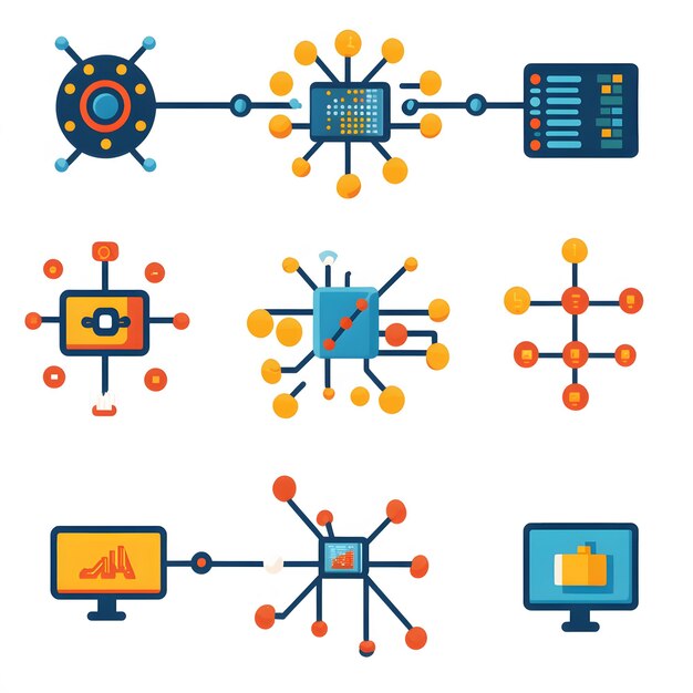 set of connection icons with visuals of interlinked nodes data pathways and communication symbols includes images of network structure integration points and connectivity management for various