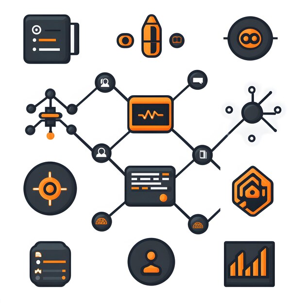 set of connection icons with visuals of interlinked nodes data pathways and communication symbols includes images of network structure integration points and connectivity management for various