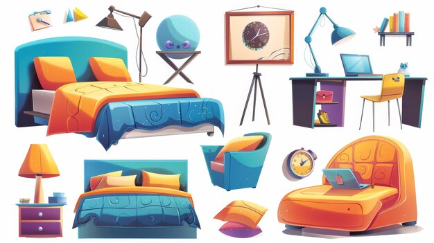 Photo the set consists of a bed armchair desk with lamp and laptop wall clock abstract picture and abstract design elements the set is isolated on white background with groovy bedroom furniture set