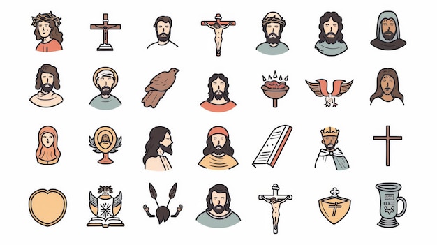 The set consists of icons depicting the characters of Jesus and various symbols from the Bible in flat design style