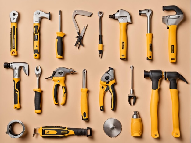 Set of construction tools on beige background