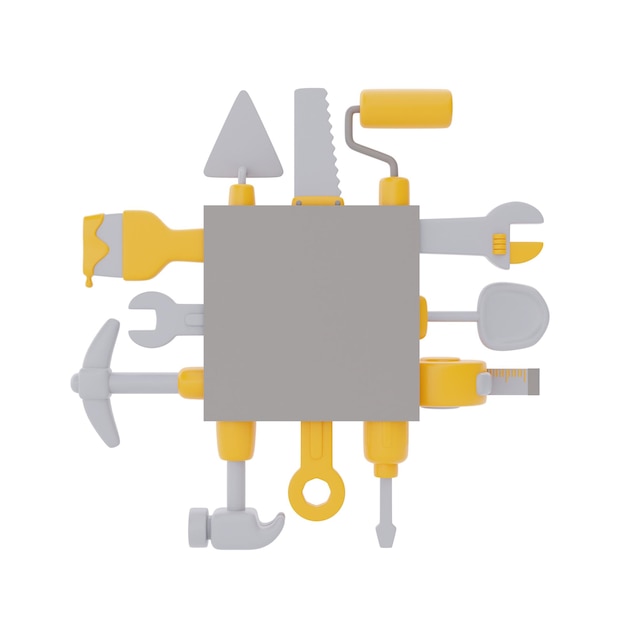 복사 공간 노동절 3d 렌더링이 있는 건설 도구 및 장비 세트