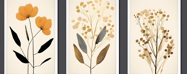 Set of contemporary collage botanical minimalist wall art poster