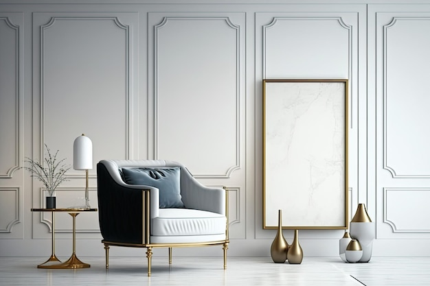 Set in a contemporary living room this composition features a faux poster frame a frotte armchair