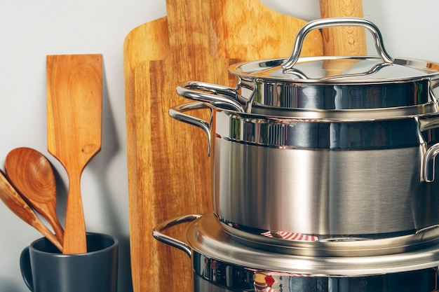 Set of cookware utensils on a kitchen counter