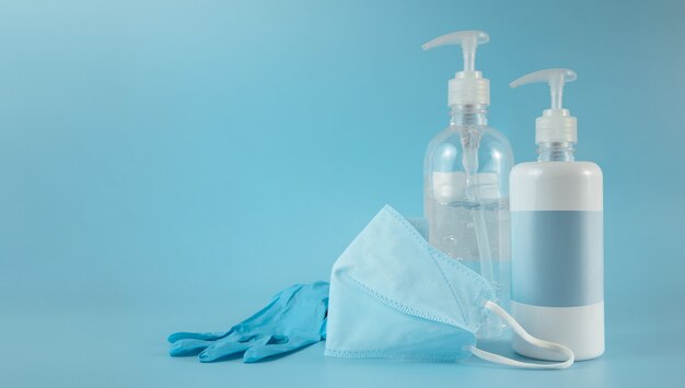 set of coronavirus prevention. included mask, sanitizer products and medical glove. stop epidemic diseases. clean and disinfect concept