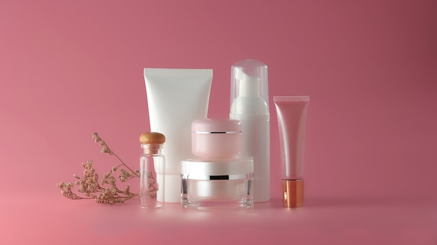 Set of cosmetic products on a color background. 