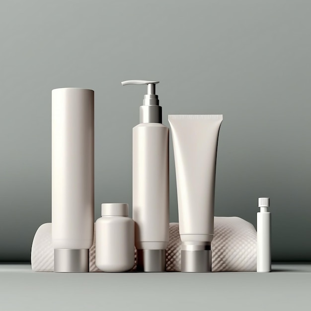 Set of cosmetic products on a gray background