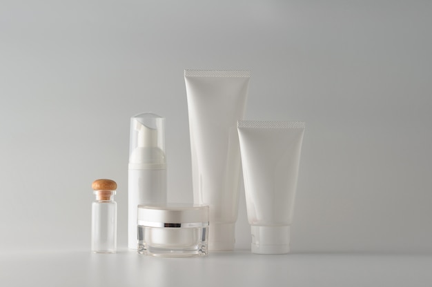 Set of cosmetic products on white background. Cosmetic blank label for branding mock-up.