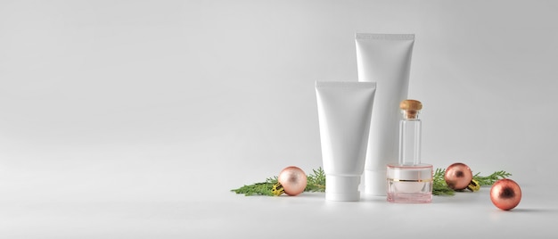 Set of cosmetic products on white background. Cosmetic package mock up collection.