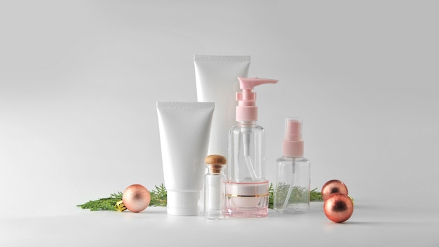 Set of cosmetic products on white background. Cosmetic package mock up collection.