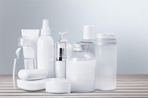 Set of cosmetic products in white containers