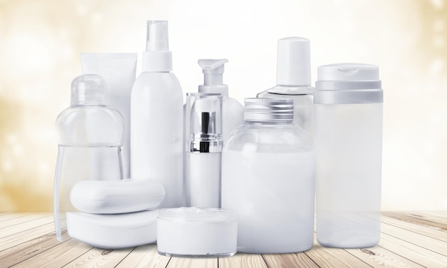 Set of cosmetic products in white containers