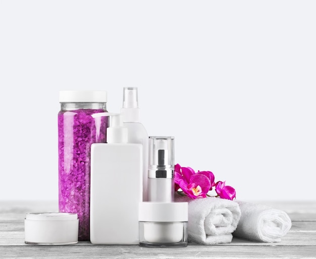 Set of cosmetic products in white containers