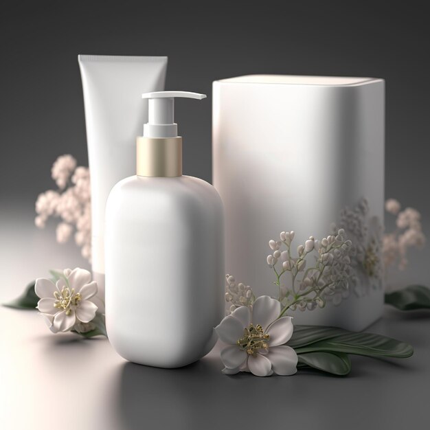 Photo set of cosmetic products with flowers generative ai illustration