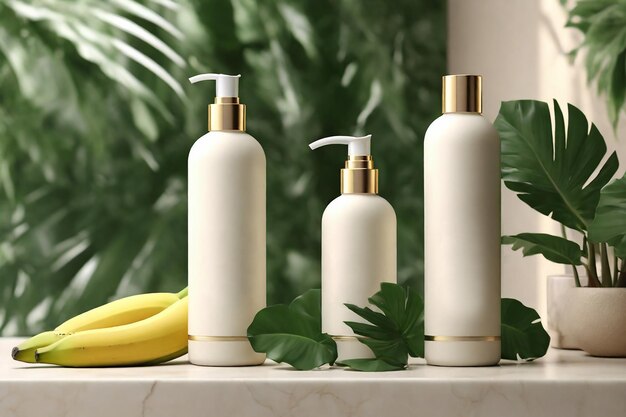 Set of cosmetic products with tropical leaves on white marble table closeup