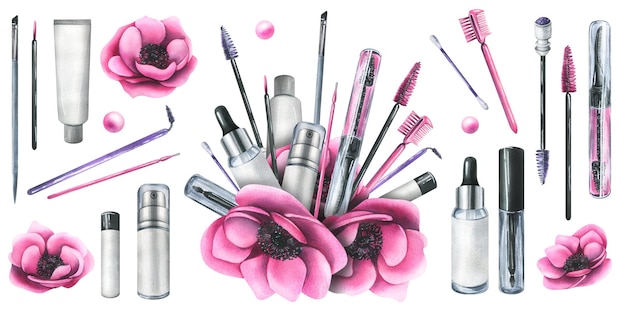 A set of cosmetics brushes for eyelashes and eyebrows gels creams and serums with pink anemone flowers Hand drawn watercolor illustration for shop flyer price tag poster On a white background