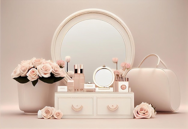 Set of cosmetics and vintage mirror on beige table against light background AI Generated