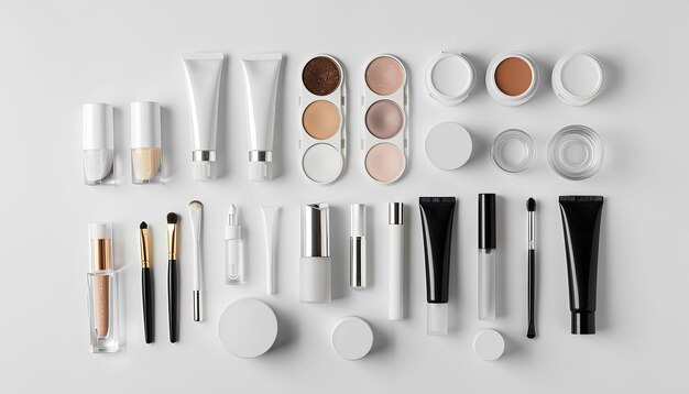 set of cosmetics on a white table on a white background top view