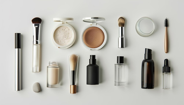 Photo set of cosmetics on a white table on a white background top view