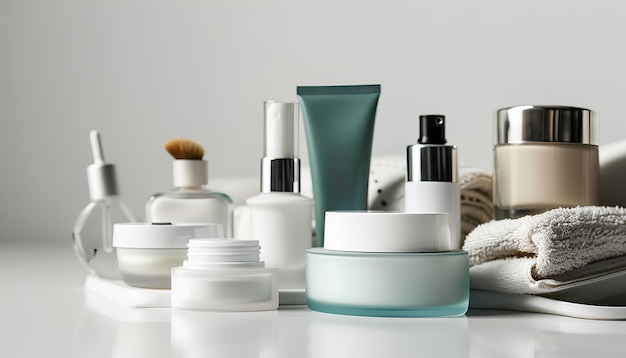 set of cosmetics on a white table on a white background