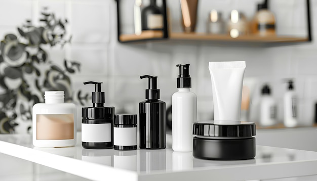 set of cosmetics on a white table on a white background