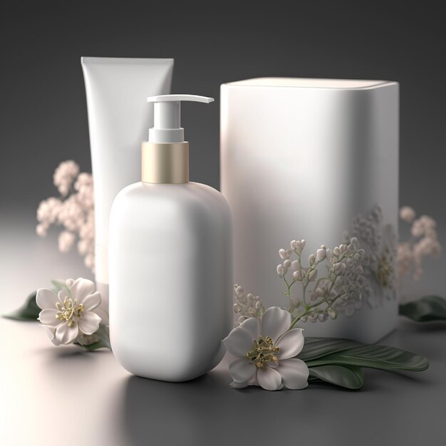 Foto set cosmetische producten met bloemen generatieve ai-illustratie