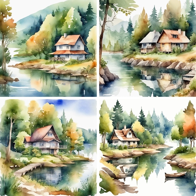 Set of cottage by the river Watercolor hand painted illustration