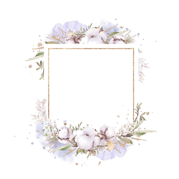 Set of cotton flowers in a gold frame. Watercolor illustration