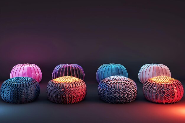 Photo set of cozy poufs 32 bit pixel with knitted texture and pom poms wi game asset design concept art